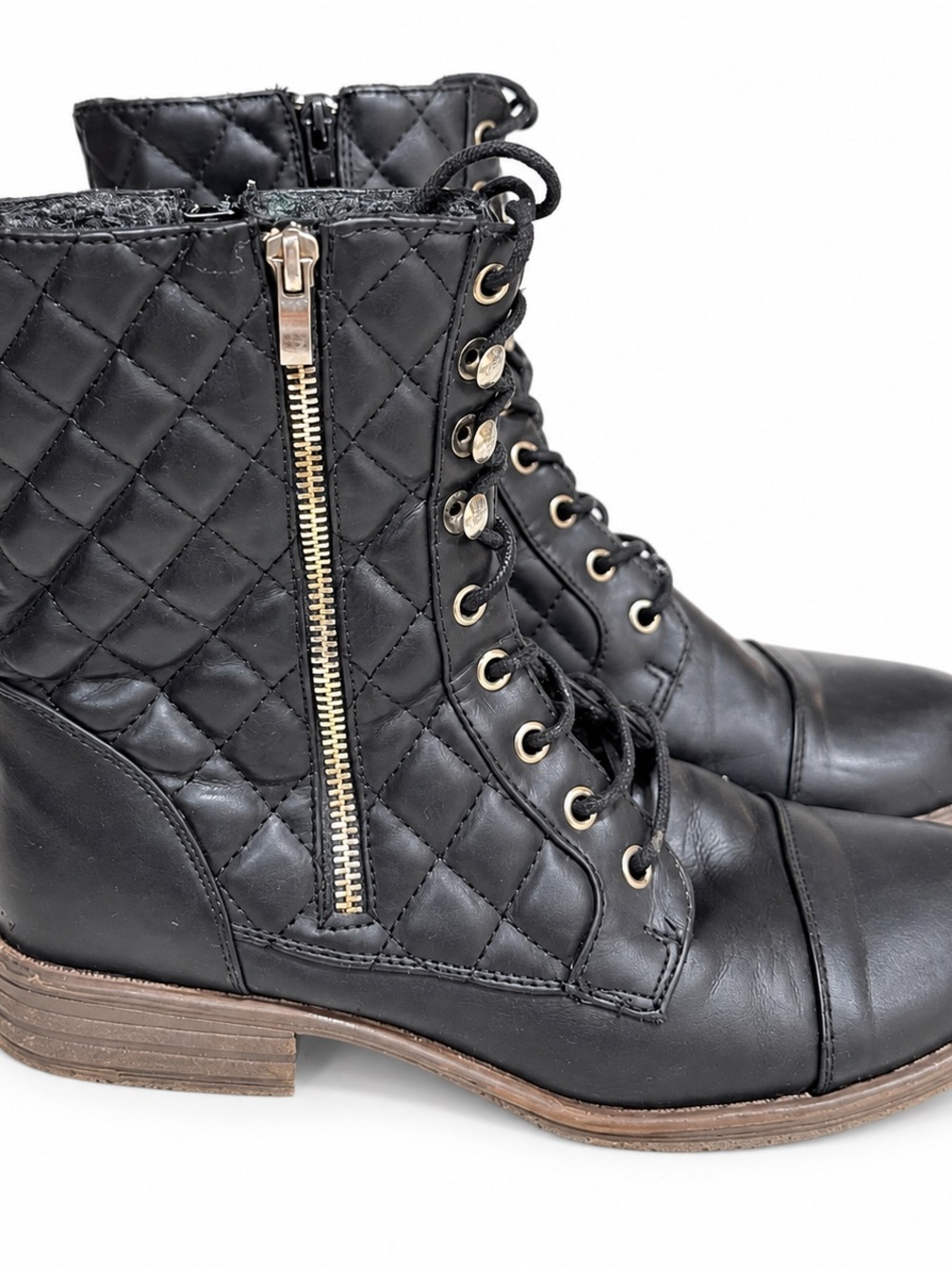 Rebel Women’s 8.5 Black Quilted Lace-Up Side-Zip Combat Boots